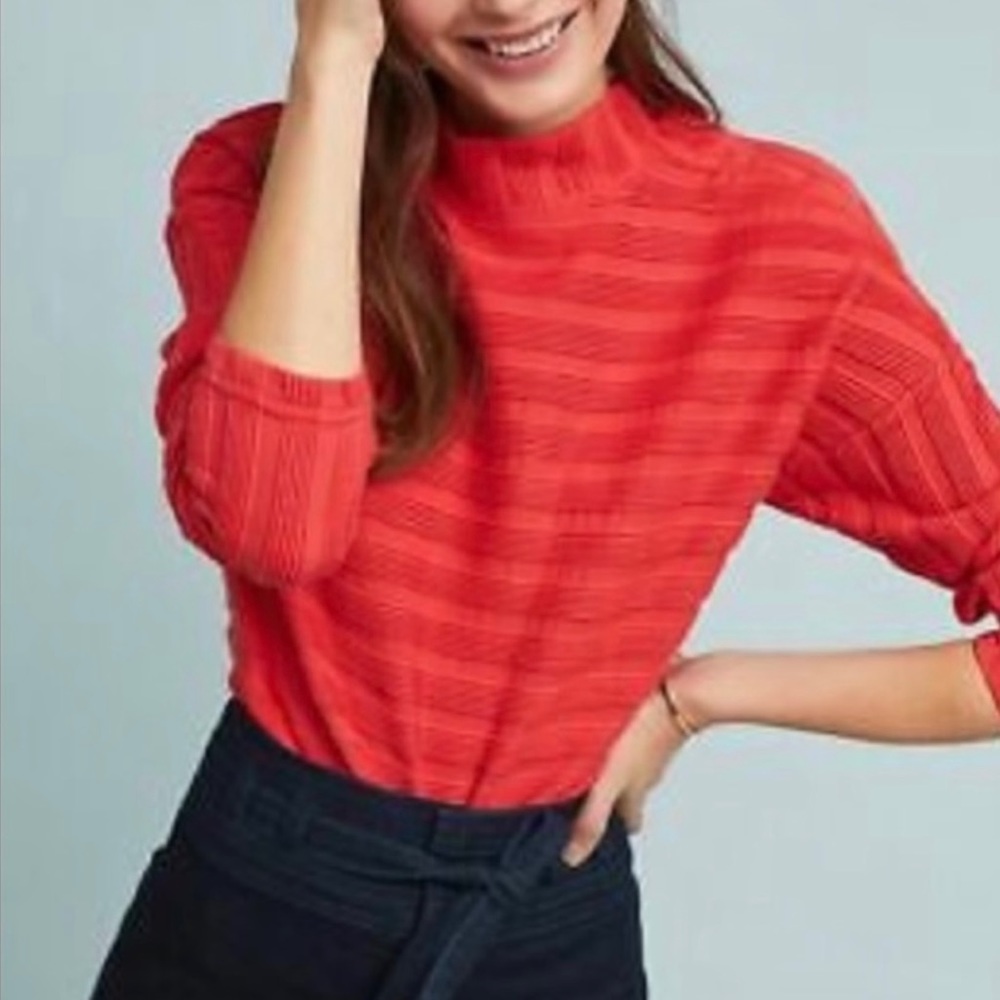 NWT *ANTHROPOLOGIE* Maeve *WREN* Ribbed •Snap Shoulder Top…Reddish Orange…Size:S